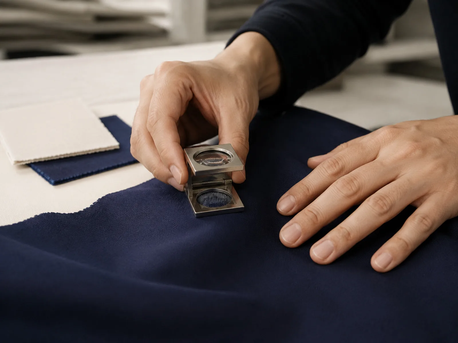 Fabric being inspected under a magnifier
